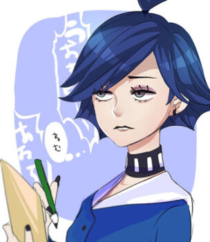 Rule 34 | 1girl, choker, claire wheeler, clipboard, commentary request, furry and humanization, holding, holding clipboard, makeup, monsters university, pencil, personification, purple hair, short hair, solo, yokotn