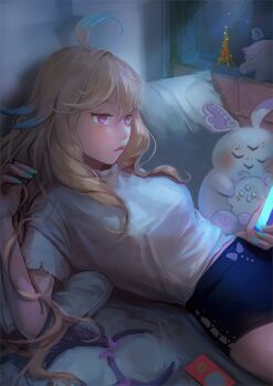 1girl 3others absurdly_long_hair ahoge aloupeep_(enna_alouette) aqua_nails bed_sheet blonde_hair blue_hair blue_shorts blush breasts cellphone covered_erect_nipples eiffel_tower enna_alouette eyelashes headband highres holding holding_phone light lips long_hair lying medium_breasts midriff_peek multicolored_hair multiple_others nail_polish night nijisanji nijisanji_en phone pillow purple_eyes shirt short_shorts short_sleeves shorts smartphone t-shirt urad0ra very_long_hair virtual_youtuber white_shirt