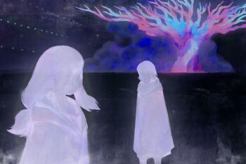 1girl 1other candle_(allotas) check_copyright cloak cloud copyright_request faceless faceless_female highres long_hair low-tied_long_hair nintendo pokemon pokemon_xy short_hair sidelocks standing surreal tree