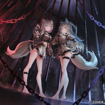 2girls animal_ear_fluff animal_ears bandaid bandaid_hair_ornament barefoot blonde_hair blue_eyes blue_hair blue_hairband breasts chain commentary copyright_name cropped_shirt crossed_bangs dog_ears dog_girl dog_tail double-parted_bangs dress english_commentary fake_horns full_body fuwawa_abyssgard grey_dress grey_shirt grey_skirt grin hair_between_eyes hair_intakes hair_ornament hairband hairclip hand_on_own_hip hand_up highres hololive hololive_english horn_hairband horns hyde_(tabakko) indoors large_breasts long_hair long_sleeves looking_at_viewer midriff mococo_abyssgard multicolored_hair multiple_girls navel off_shoulder parallel_hairclips pink_eyes pink_hair pink_hairband prison_cell shirt short_hair siblings sisters skirt smile streaked_hair tail twins two_side_up very_long_hair virtual_youtuber x_hair_ornament