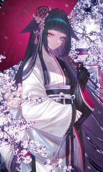 Rule 34 | 1girl, absurdres, arknights, black hair, black kimono, black sash, blue eyes, blunt bangs, cherry blossoms, chest sarashi, chinese commentary, commentary request, cowboy shot, eyeshadow, flower, gloves, hair flower, hair intakes, hair ornament, hair wings, highres, holding, holding umbrella, japanese clothes, kanzashi, kimono, long hair, long sleeves, looking at viewer, makeup, mio (arknights), obiage, obijime, oil-paper umbrella, outdoors, pink flower, red eyeshadow, sarashi, sash, solo, split-color clothes, torii, two-tone kimono, umbrella, white kimono, yuzhouji guguwang