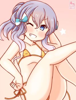 1girl artist_logo bikini blue_eyes bow covered_erect_nipples dated feet_out_of_frame flat_chest gold_bikini gradient_background gradient_hair hair_bow kanon_(kurogane_knights) kantai_collection langley_(kancolle) logo loli medium_hair multicolored_hair one-hour_drawing_challenge pink_background purple_eyes side-tie_bikini_bottom sidelocks sitting solo star_(symbol) swimsuit