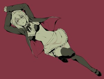 1girl 7dango7 apron arms_up artoria_pendragon_(fate) bikini braid breasts choker cleavage fate/grand_order fate_(series) frilled_choker frilled_thigh_strap frills full_body greyscale hair_bun hair_ribbon high_heels hood hooded_jacket jacket long_hair long_sleeves looking_at_viewer maid maid_bikini maid_headdress medium_breasts monochrome navel open_clothes open_jacket red_background ribbon saber_alter saber_alter_(swimsuit_rider)_(second_ascension) sidelocks skirt solo swimsuit thigh_strap thighhighs unconventional_maid waist_apron