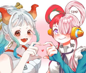 2girls absurdres aqua_hair blue_gloves dress earrings elbow_gloves gloves hair_over_one_eye headphones heart heart_hands highres horns japanese_clothes jewelry kimono looking_at_viewer multiple_girls one_piece one_piece_film:_red open_mouth purple_eyes sidelocks single_elbow_glove smile twintails u_mi031 upper_body uta_(one_piece) white_dress white_hair white_kimono yamato_(one_piece)