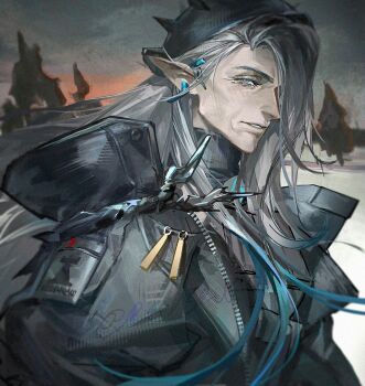 1girl arknights black_coat blue_eyes blue_hair cloud cloudy_sky coat forest from_side gradient_hair grey_hair grey_shirt hair_over_one_eye highres load_bearing_vest long_hair looking_at_viewer mantra_(arknights) mature_female multicolored_hair nature old old_woman one_eye_covered open_clothes open_coat pointy_ears redsakaone rhodes_island_logo_(arknights) rhodes_island_uniform shirt sky snow solo tactical_clothes turtleneck turtleneck_shirt upper_body very_long_hair