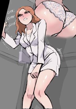 1girl animal_print ass between_legs biku blush breasts brown_eyes brown_hair earrings elevator hand_between_legs have_to_pee highres huge_ass jewelry leopard_print leopard_print_panties original panties pencil_skirt print_panties shiny_skin skirt solo solo_focus stained_panties sweat thighs underwear wet wet_clothes wet_panties white_earrings white_panties white_skirt