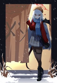 1girl absurdres alternate_costume beret black_pantyhose blue_archive full_body halo haruna_(blue_archive) hat highres holding long_hair looking_at_viewer pantyhose plentyofempty red_eyes scarf standing white_hair