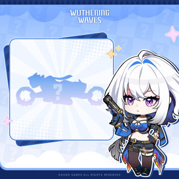 1girl black_gloves black_pantyhose black_shorts black_thighhighs blue_bra bra breasts chibi chibi_only closed_mouth commentary english_commentary galbrena_(wuthering_waves) gloves grey_hair gun hand_on_own_hip highres holding holding_gun holding_weapon logo medium_breasts medium_hair navel official_art pantyhose purple_eyes short_shorts shorts single_leg_pantyhose single_thighhigh solo stomach thigh_strap thighhighs underwear weapon wuthering_waves