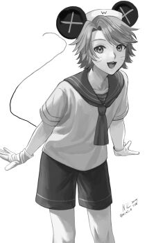 Rule 34 | 1boy, animal hat, cowboy shot, facial mark, gloves, greyscale, hat, highres, kinder surprised michael jr., looking at viewer, male focus, monochrome, mouse boy, mouse hat, mouse tail, nil (pixiv 53614557), randal's friends, sailor, sailor hat, shirt, short hair, shorts, simple background, standing, tail, whisker markings, white background