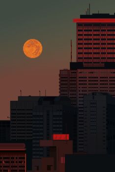 atichii building city full_moon gradient_sky grey_sky moon no_humans original outdoors pink_sky pixel_art scenery sky twilight