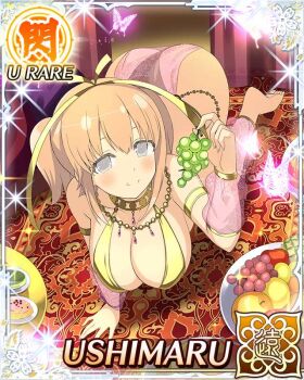 1girl :t all_fours arabian_clothes armlet ass barefoot border breasts bright_pupils bug butterfly card_(medium) character_name chewing cleavage food fruit game_cg gold_armlet gold_necklace gold_ribbon grapes grey_eyes hair_ribbon hanging_breasts harem_outfit holding holding_food holding_fruit huge_breasts indoors insect jewelry light_blush looking_at_viewer medium_hair necklace official_art orange_hair pearl_necklace pelvic_curtain pink_butterfly plate ribbon senran_kagura senran_kagura_new_wave short_twintails smile solo third-party_source twintails ushimaru_(senran_kagura) white_pupils