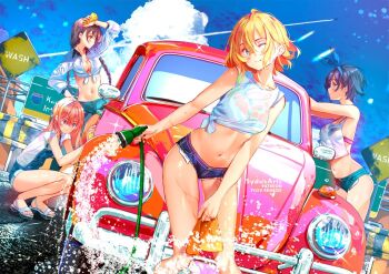 blue_hairband blue_ribbon blue_shorts braid breasts brown_eyes brown_hair car car_wash cleaning collarbone crop_top cutoffs denim denim_shorts hairband holding holding_sponge hose kanojo_okarishimasu mizuhara_chizuru motor_vehicle nanami_mami navel red_hair ribbon sakurasawa_sumi sarashina_ruka shirt short_shorts shorts side_braid soap soap_bubbles sponge sydus tank_top vehicle_focus washing washing_vehicle wet wet_clothes wet_shirt