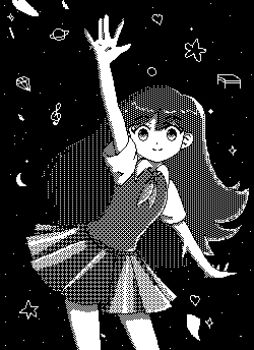 1girl animated animated_gif arm_up blinking closed_mouth collared_shirt deimiler greyscale long_hair lowres mari_(headspace)_(omori) mari_(omori) monochrome neckerchief omori one_eye_closed open_mouth pixel_art pleated_skirt shirt short_sleeves skirt smile solo winking_(animated)