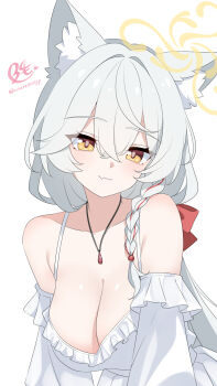 1girl :3 alternate_costume animal_ear_fluff animal_ears artist_name blue_archive bow braid breasts cat_ears cat_girl cleavage closed_mouth commentary_request detached_sleeves eri_(blue_archive) fang fang_out grey_hair hair_between_eyes hair_bow halo highres jewelry kemonomimi_mode large_breasts long_hair looking_at_viewer low-tied_long_hair multicolored_hair necklace orange_eyes red_bow red_streaks shirt side_halo signature simple_background single_braid skin_fang sleeveless sleeveless_shirt solo streaked_hair twitter_username umou_(may65879) white_background white_shirt yellow_halo