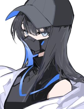 1girl baseball_cap black_hair black_hat black_shirt blue_archive blue_hair chiriejjiyo commentary_request grey_eyes hair_between_eyes hat highres jacket looking_at_viewer mask mouth_mask multicolored_hair off_shoulder open_clothes open_jacket saori_(blue_archive) shirt simple_background sleeveless sleeveless_shirt solo two-tone_hair upper_body white_background white_jacket