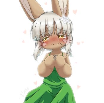 :3 animal_ears backlighting blush bune_poster cowboy_shot dress flower furry green_dress hair_flower hair_ornament hairclip happy_tears head_tilt heart highres long_hair looking_at_viewer loving_aura made_in_abyss nanachi_(made_in_abyss) narehate nose_blush own_hands_together parallel_hairclips rabbit_ears raised_inner_eyebrows smile solo spaghetti_strap tearing_up tears whiskers white_background white_hair yellow_eyes