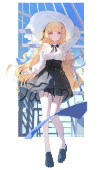 1girl absurdres bird black_ribbon black_skirt blonde_hair blue_gem blue_shoes blue_sky blush border buttons cloud commentary_request frilled_shirt frills full_body gem hair_ornament hair_ribbon hat highres long_hair long_sleeves looking_at_viewer pantyhose parted_lips phoebe_(wuthering_waves) pocket_watch purple_eyes ribbon sample_watermark shirt shoes simple_background skirt sky solo sukaliya sun_hat tacet_mark_(wuthering_waves) teeth twitter_username watch watermark white_border white_hat white_pantyhose white_shirt wuthering_waves x_hair_ornament