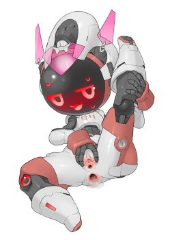 Rule 34 | 1girl, :3, anus, female focus, full body, gaping, gaping pussy, jitome, joints, legs up, looking at viewer, open mouth, original, pussy, red eyes, robot girl, robot joints, simple background, sitting, solo, spread legs, spread pussy, standing, thighs, tosx, white background