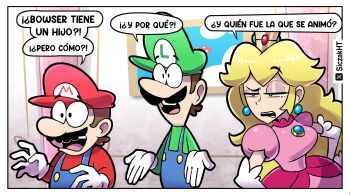 absurdres blonde_hair blue_eyes blue_overalls breasts chest_jewel crown dress earrings elbow_gloves english_text facial_hair gloves green_hat hat highres jewelry large_breasts long_hair luigi mario mario_(series) mustache nintendo open_mouth overalls pink_dress princess_peach puffy_short_sleeves puffy_sleeves red_hat short_sleeves siczak sidelocks speech_bubble white_gloves