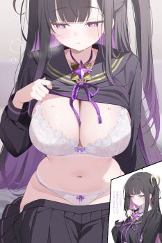 Rule 34 | 1girl, arm support, bandage on leg, black hair, black sailor collar, black serafuku, black shirt, black skirt, blush, bow, bow bra, bow panties, bra, breasts, breath, bright pupils, chitose (stella sora), closed mouth, clothes lift, colored inner hair, commentary request, deyui, floral print, floral print bra, floral print panties, highres, large breasts, lifting own clothes, long hair, long sleeves, looking to the side, miniskirt, mole, mole under eye, multicolored hair, multiple views, navel, neck ribbon, one side up, panties, pleated skirt, print panties, purple eyes, purple hair, purple ribbon, ribbon, sailor collar, school uniform, serafuku, shirt, shirt lift, sitting, skindentation, skirt, skirt around thighs, stella sora, stomach, sweat, thighs, translation request, underwear, very long hair, white bra, white panties, white pupils
