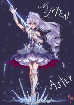 1girl absurdres arm_up asymmetrical_legwear blue_eyes coconuthound diadem floating_hair full_body gloves grey_hair hair_between_eyes high_ponytail highres holding holding_sword holding_weapon layered_skirt long_hair looking_at_viewer miniskirt myrtenaster ponytail rwby scar scar_across_eye scar_on_face skirt solo standing sword thighhighs very_long_hair weapon weiss_schnee white_gloves white_skirt white_thighhighs