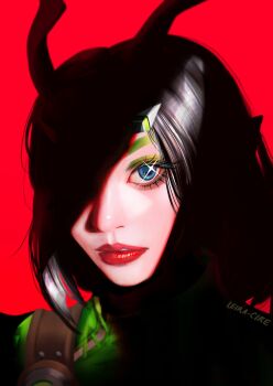 1girl alien antennae black_hair blue_eyes commentary english_commentary eyeshadow green_eyeshadow green_shirt guardians_of_the_galaxy hair_ornament hairclip highres leira_cire long_hair looking_at_viewer makeup mantis_(marvel) marvel marvel_rivals one_eye_in_shadow parted_lips pointy_ears portrait red_background red_lips shirt solo sparkle