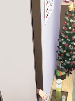 1boy box calendar_(object) christmas christmas_tree commentary_request cup door gift gift_box glass highres holding holding_cup idolmaster idolmaster_cinderella_girls indoors matanonki wooden_floor