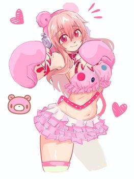 Rule 34 | 1girl, animal ear headphones, animal ears, bear ear headphones, bear ears, bear paw, belt, breasts, cleavage, closed mouth, collar, crop top, cropped legs, dummamay, fake animal ears, frilled shirt, frilled skirt, frills, gloomy bear, gloves, grg x super sonico, headphones, heart, highres, itazuraguma no gloomy, large breasts, light blush, long hair, midriff, miniskirt, navel, nitroplus, pink belt, pink collar, pink eyes, pink gloves, pink hair, pink skirt, shirt, simple background, skirt, smile, solo, super sonico, thigh strap, white background