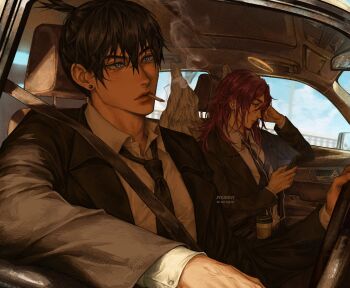 2boys black_hair black_necktie black_suit blue_eyes blue_sky car_interior chainsaw_man cigarette cup day disposable_coffee_cup disposable_cup driving earphones earrings feathered_wings formal_clothes halo highres holding holding_phone jewelry jyuangy long_hair multiple_boys necktie phone red_hair shirt sky smoke smoking stud_earrings suit topknot white_shirt wings
