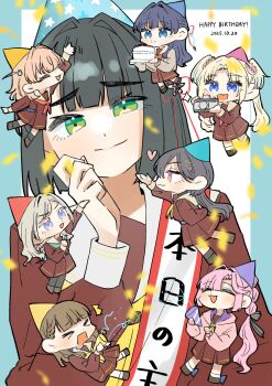 6+girls :d ^_^ absurdres anyoji_hime aqua_hat aqua_neckerchief birthday_sash black_hair blonde_hair blue_eyes blue_hair blue_hat blunt_bangs blunt_ends bob_cut braid brown_dress brown_hair cake camera center-flap_bangs ceras_yanagida_lilienfeld chibi closed_eyes closed_mouth commentary_request dress fang flower food grey_hair hair_flower hair_intakes hair_ornament hasu_no_sora_school_uniform hat headpat heart highres hinoshita_kaho holding holding_cake holding_camera holding_food holding_party_popper hood hooded_jacket jacket jellyfish_cut kachimachi_kosuzu katsuragi_izumi link!_like!_love_live! long_hair long_sleeves love_live! medium_dress medium_hair mini_person minigirl momose_ginko multi-tied_hair multiple_girls murano_sayaka neckerchief open_clothes open_jacket open_mouth orange_hair osawa_rurino parted_bangs party_hat party_popper pink_flower pink_hair pink_hat pink_jacket pleated_dress ponytail puripuri_hurai purple_hat rabbit_hair_ornament raised_inner_eyebrows red_hat red_neckerchief sailor_collar sailor_dress school_uniform short_hair side_braids skin_fang smile split_mouth twintails two_side_up v-shaped_eyebrows virtual_youtuber white_sailor_collar winter_uniform yellow_hat yellow_neckerchief