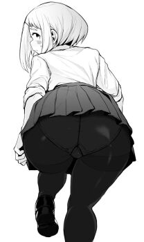 1girl ass black_socks blush boku_no_hero_academia brown_hair female_focus highres image_sample kneehighs looking_at_viewer messatsu_tan miniskirt monochrome panties pantyshot school_uniform short_hair simple_background skirt socks solo twitter_sample underwear upskirt uraraka_ochako white_panties