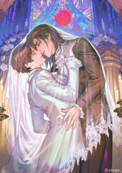 2boys arm_around_waist artist_name ascot aubergrin black_hair black_jacket black_pants black_suit bridal_veil brown_hair candle candlestand church closed_eyes commentary couple english_commentary evernight_goddess flower formal_clothes frilled_sleeves frills gloves groom hand_on_another's_chest hand_on_another's_hip hand_on_another's_waist highres imminent_kiss indoors jacket klein_moretti leonard_mitchell long_sleeves looking_at_another lord_of_the_mysteries male_bride male_focus medium_hair moon multiple_boys noses_touching pants parted_lips red_moon short_hair stained_glass suit veil wedding white_ascot white_flower white_gloves white_jacket white_suit white_veil yaoi
