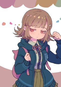 1girl absurdres animal_bag breasts brown_hair brown_skirt cat_bag collared_shirt danganronpa_(series) danganronpa_2:_goodbye_despair flipped_hair hair_ornament highres hood jacket long_sleeves medium_hair nanami_chiaki neck_ribbon open_clothes open_jacket pink_bag pink_eyes pink_ribbon pleated_skirt ribbon shirt skirt solo two-tone_shirt white_shirt youko-shima