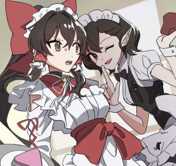 Rule 34 | 2girls, ;d, alternate costume, apron, bell, black bow, black bowtie, black skirt, black vest, bow, bowtie, brown eyes, brown hair, cake, cake slice, collared shirt, commentary request, enmaided, finger to mouth, food, frilled hair tubes, frills, hair bow, hair tubes, hakurei reimu, highres, holding, holding tray, japanese clothes, jingle bell, kimono, long hair, looking at viewer, maid, maid apron, maid headdress, missing wings, multiple girls, neck bell, one eye closed, open mouth, pen, pointy ears, puffy short sleeves, puffy sleeves, red bow, red kimono, shameimaru aya, shirt, short sleeves, shushing, skirt, smile, sweatdrop, touhou, tray, uehara suiyo, vest, wa maid, waist apron, white apron, white shirt, white wrist cuffs, wrist cuffs