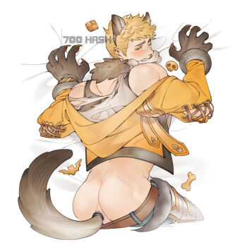 1boy 700hash anal anal_object_insertion anal_tail animal_ears artist_name ass back bara belt black_pants black_tank_top blonde_hair blush bone brown_belt butt_plug clothes_pull cropped_jacket fake_tail granblue_fantasy highres jacket male_focus object_insertion official_alternate_costume one_eye_closed orange_jacket pants pants_pull sex_toy shirt short_hair solo tail tank_top torn_clothes torn_shirt vane_(granblue_fantasy) vane_(halloween)_(granblue_fantasy) white_shirt wolf_ears wolf_paws wolf_tail