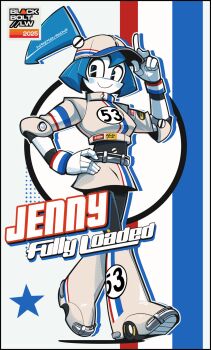 1girl adjusting_clothes adjusting_headwear alternate_costume arm_up black_eyes blackbolt_lonewolf closed_mouth full_body hand_on_own_hip hat herbie_(series) highres jenny_wakeman looking_at_viewer my_life_as_a_teenage_robot robot_girl smile solo white_hat