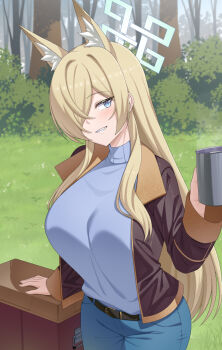 Rule 34 | 1girl, animal ear fluff, animal ears, blonde hair, blue archive, blue eyes, blue halo, breasts, brown jacket, bush, commentary, cooler, cup, day, denim, dog ears, dog girl, english commentary, extra ears, forest, fur-trimmed jacket, fur trim, grass, grin, hair over one eye, halo, highres, holding, holding cup, jacket, jeans, kanna (blue archive), large breasts, leather, leather jacket, long hair, mzrz, nature, notched ear, official alternate costume, outdoors, pants, sharp teeth, smile, solo, steam, sweater, teeth, tree, turtleneck, turtleneck sweater