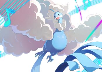 altaria animal_focus beak bird dragon feathers fluffy gen_3_pokemon mega_altaria mega_pokemon musical_note musical_staff nintendo no_humans open_mouth pokemon pokemon_(creature) pokemon_focus smile talons teo_(telo_ruka) white_feathers wings