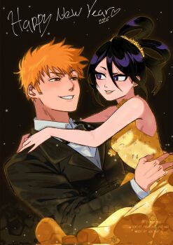 1boy 1girl 2026 black_hair bleach blush brown_hair carrying carrying_person couple dress formal_clothes happy_new_year highres kuchiki_rukia kurosaki_ichigo looking_at_another m1rimorinku messy_hair new_year orange_hair princess_carry purple_eyes side_ponytail suit