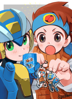 2boys blue_headband blush bodysuit border brown_eyes brown_hair charm_(object) commentary_request fingernails green_eyes headband holding holding_charm jacket lan_hikari_(mega_man) looking_at_viewer male_focus mega_man_(series) mega_man_battle_network_(series) megaman.exe merchandise multiple_boys open_mouth orange_jacket pechka short_hair smile white_border