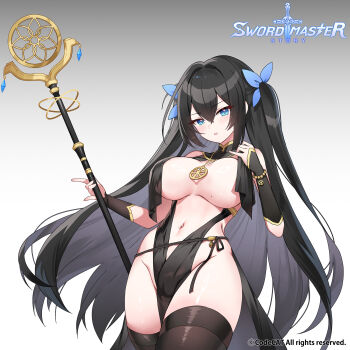 1girl apple_caramel bare_shoulders black_hair blue_eyes blush breast_curtains breasts brown_thighhighs character_request colored_inner_hair commentary_request cowboy_shot hair_between_eyes hair_ribbon highres holding holding_staff jewelry large_breasts long_hair looking_at_viewer mole mole_on_breast multicolored_hair navel necklace no_panties official_art parted_lips pelvic_curtain revealing_clothes ribbon sidelocks solo staff stomach sword_master_story thighhighs thighs two_side_up underboob very_long_hair