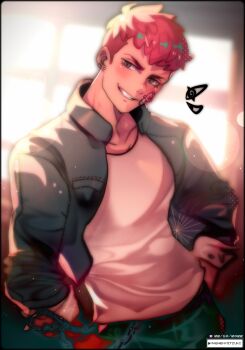 Rule 34 | 1boy, absurdres, bandaid, classroom, delinquent, grey eyes, highres, inui arihiko, kagetsu tooya, maewenmitzuki, orange hair, seductive smile, smile, solo, sunset, tsukihime, tsukihime (remake), type-moon