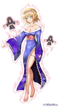 Rule 34 | 1girl, alice margatroid, alternate costume, artist name, aura, bare legs, barefoot, blonde hair, blood, bloody knife, blue eyes, bluemica, breasts, cleavage, collarbone, doll, feet, female focus, floral print, frilled kimono, frills, full body, glowing, glowing eyes, hairband, japanese clothes, kimono, knife, leg ribbon, legs, lips, long sleeves, necktie, obi, off shoulder, open clothes, red eyes, ribbon, sash, shanghai doll, short hair, simple background, smile, solo, thigh ribbon, thighs, toenails, toes, touhou, white background, wide sleeves