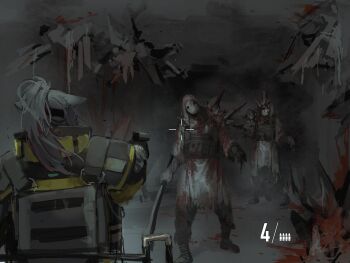 1girl 2others aiming animal_ears arknights blood bodysuit cat_ears crosshair crystal fake_screenshot gun handgun heads-up_display highres holding holding_weapon jessica_(arknights) jessica_(iron_block)_(arknights) material_growth multiple_others mutomorokoshi originium_(arknights) oripathy_lesion_(arknights) ponytail possessed_soldier_(arknights) reunion_soldier_(arknights) user_interface weapon zombie