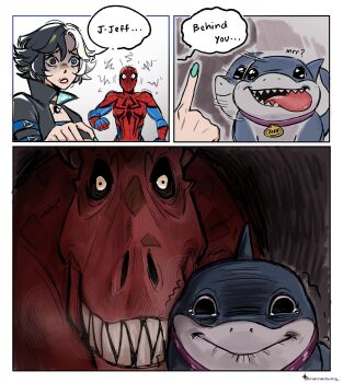 1girl animal_print blue_bodysuit blue_eyes bodysuit darlingdct3 devil_dinosaur dinosaur fins fish_tail heterochromia highres horror_(theme) jeff_(marvel) luna_snow marvel marvel_rivals multicolored_bodysuit multicolored_hair print_bodysuit red_bodysuit shark spider-man spider-man_(original_suit) spider-man_(series) spider_print spider_web_print superhero_costume tail two-tone_bodysuit two-tone_hair