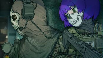 Rule 34 | 1boy, 1girl, against wall, assault rifle, balaclava, blurry, blurry background, bulletproof vest, call of duty, call of duty: modern warfare 2, camouflage, camouflage jacket, chromatic aberration, ghost (modern warfare 2), green eyes, green jacket, gun, headset, highres, holding, holding gun, holding weapon, indie virtual youtuber, jacket, long sleeves, looking to the side, mask, microphone, mouth mask, podone, purple hair, rifle, short hair, skull mask, skull print, sparrowl, upper body, walkie-talkie, weapon