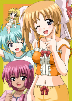 00s 4girls anise_azeat apricot_sakuraba broccoli_(company) casual chibi galaxy_angel galaxy_angel_rune kahlua_marjoram midriff multiple_girls nano-nano_pudding navel non-web_source pajamas tiara