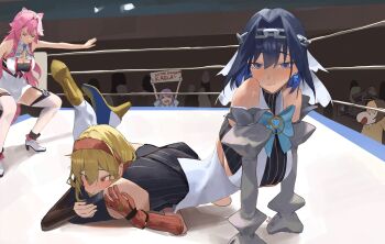 Rule 34 | 4girls, absurdres, all fours, animal ears, ascot, black hair, black shirt, black sleeves, black thighhighs, blonde hair, blue bow, blue bowtie, blue eyes, blue gem, blue hair, blush, boots, bow, bow earrings, bowtie, breasts, chain, chain headband, cleavage, closed eyes, closed mouth, clothing cutout, colored inner hair, covering another's mouth, crop top, derivative work, detached sleeves, earrings, garter straps, gem, gloves, grey sleeves, hair between eyes, hair flaps, hair intakes, hairband, hand on another's thigh, head between thighs, heart-shaped gem, high-waist shorts, high heel boots, high heels, highres, hololive, hololive english, hololive indonesia, jewelry, kaela kovalskia, koseki bijou, large breasts, long hair, looking at viewer, lying, meme, multicolored hair, multiple girls, on floor, on stomach, ouro kronii, panther ears, panther girl, panther tail, pink hair, pinstripe pattern, pinstripe shirt, purple hair, raora panthera, red eyes, red gloves, red hairband, shirt, short hair, short shorts, shorts, single garter strap, sleeveless, sleeveless shirt, smile, squatting, strangling, strapless, streaked hair, tail, thigh strap, thighhighs, tokyo joshi pro wrestling, triangle choke, tube top, underboob cutout, veil, very long hair, vest, virtual youtuber, white ascot, white boots, white hair, white shirt, white shorts, white thighhighs, white veil, white vest, wrestling, wrestling ring, zargaz