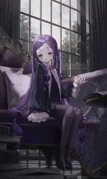 1girl ahoge black_dress black_pantyhose black_shoes brooch commentary_request commission couch doll_joints dress frilled_sleeves frills highres holding holding_smoking_pipe indoors jewelry joints long_hair long_sleeves looking_at_viewer original pantyhose puritan_collar purple_eyes purple_hair sho_(sho_oe4) shoes sitting skeb_commission smoking_pipe solo tile_floor tiles twintails very_long_hair watermark window