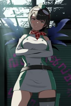 1girl absurdres akitsuiri_tsuki arms_under_breasts bare_shoulders breasts cowboy_shot crossed_arms digimon digimon_(creature) digimon_story:_time_stranger dress elbow_gloves gloves goggles goggles_on_head green_dress green_hat hat highres indoors large_breasts looking_at_viewer microdress picodevimon red_scarf scarf short_hair sleeveless sleeveless_dress smile solo_focus thighhighs two-tone_dress white_dress white_gloves white_thighhighs yuuki_kanan